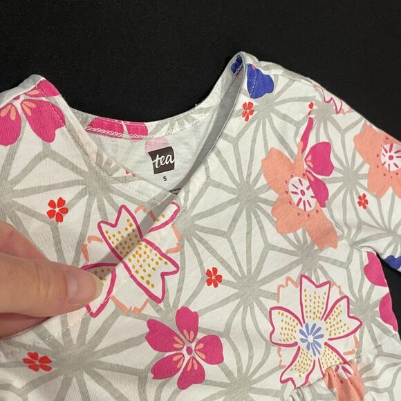 ~ Tea Dress, 5 Girls, Floral, Long Sleeve, Wrap, Pink Gray Purple Cotton Stretch - Picture 7 of 14